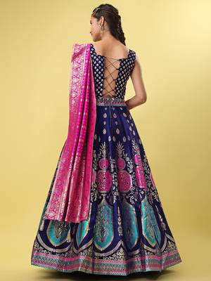 Navy-blue woven jacquard semi stitched lehenga choli 4