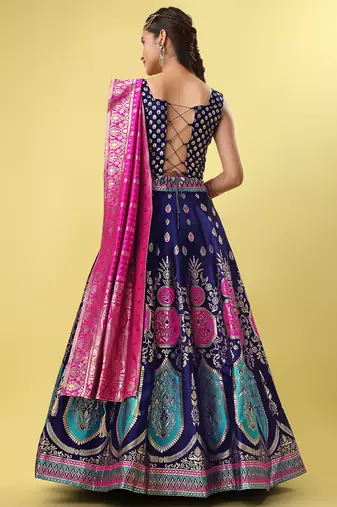 Navy-blue woven jacquard semi stitched lehenga choli