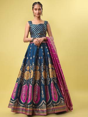 Teal woven jacquard semi stitched lehenga choli 1