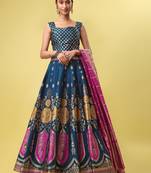 Teal woven jacquard semi stitched lehenga
