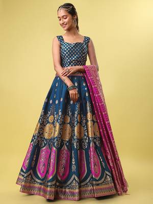 Teal woven jacquard semi stitched lehenga choli 2