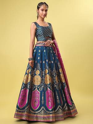 Teal woven jacquard semi stitched lehenga choli 3