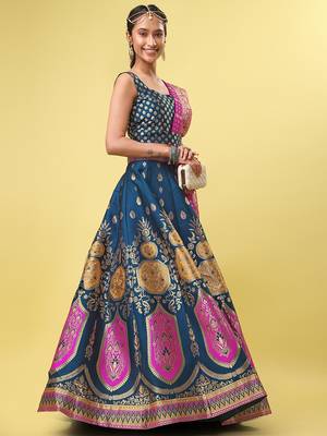 Teal woven jacquard semi stitched lehenga choli 4