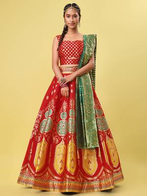 Red woven jacquard semi stitched lehenga choli 1