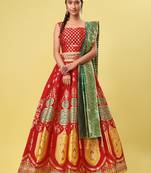 Red woven jacquard semi stitched lehenga