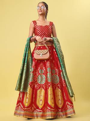 Red woven jacquard semi stitched lehenga choli 2