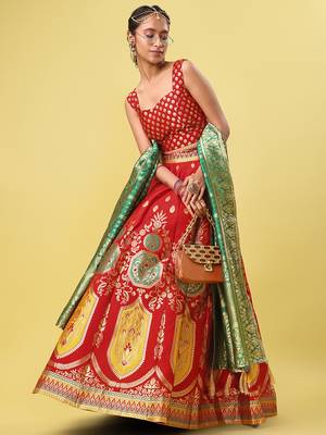 Red woven jacquard semi stitched lehenga choli 3