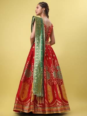 Red woven jacquard semi stitched lehenga choli 4