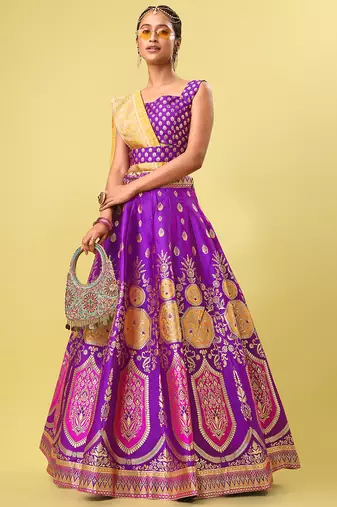 Purple woven jacquard semi stitched lehenga