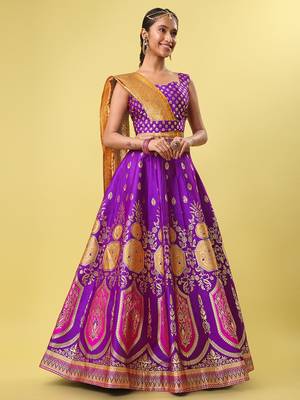 Purple woven jacquard semi stitched lehenga 3