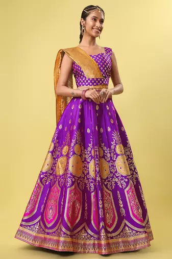 Purple woven jacquard semi stitched lehenga