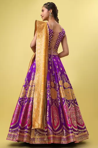 Purple woven jacquard semi stitched lehenga