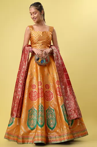 Light-orange woven jacquard semi stitched lehenga choli
