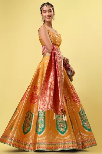 Light-orange woven jacquard semi stitched lehenga choli