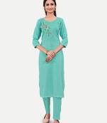 Women Firozi Embroidered Straight Kurta