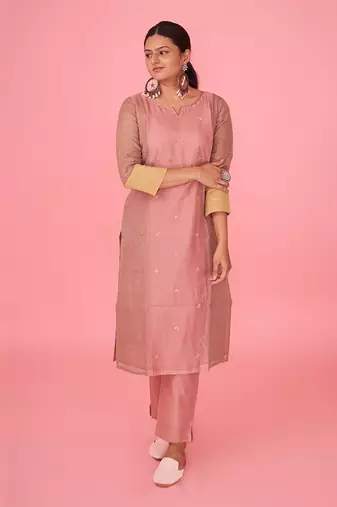Peach chanderi silk kurta set