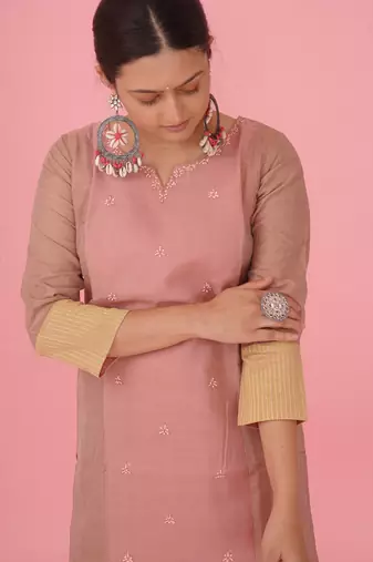 Peach chanderi silk kurta set