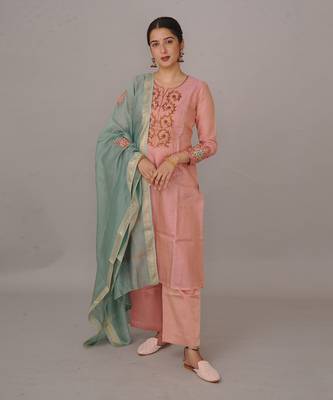 Pink tissue silk kurta set 1