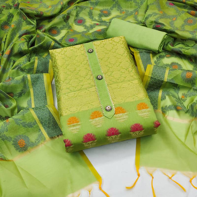 Kimisha women's green banarasi jacquard dress material