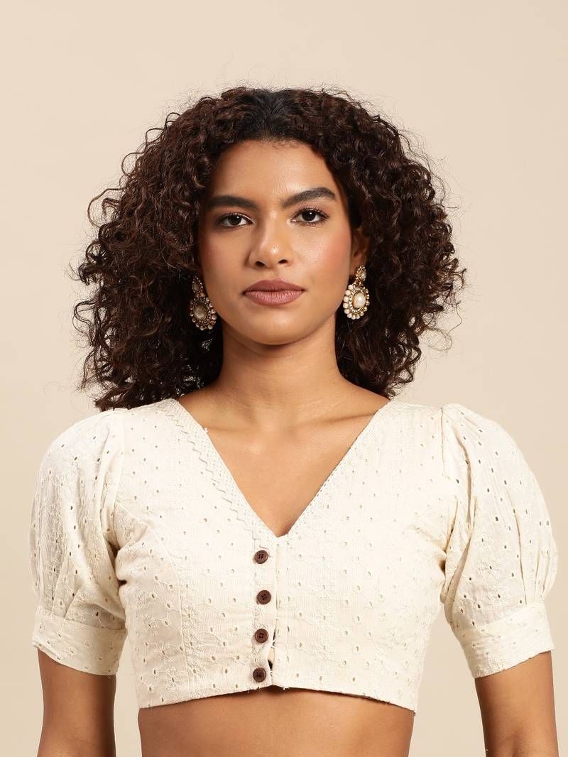 Women's wear off white colour cotton with lucknowi work readymade blouse - Main Image