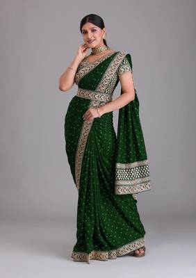  Green Heavy Pigment Chinon saree with heavy zari embroidery sequins work 3