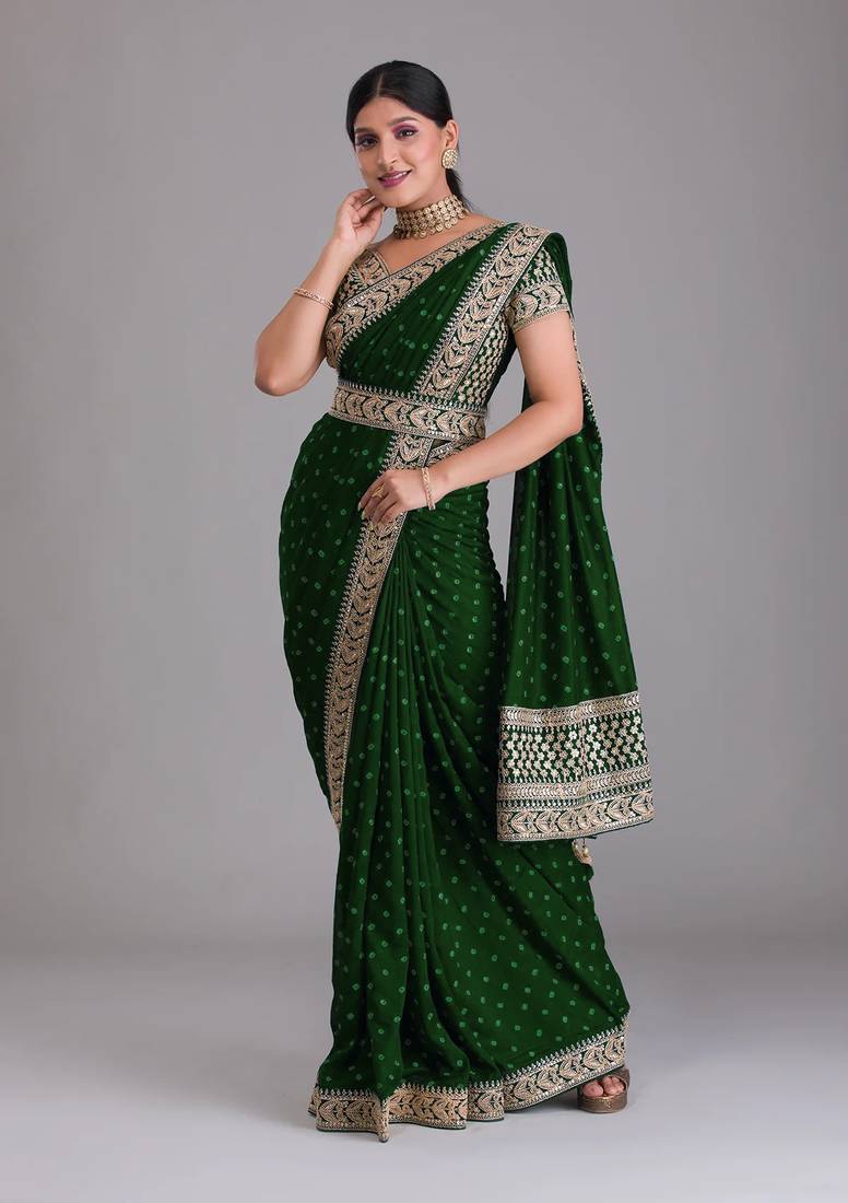  Green Heavy Pigment Chinon saree with heavy zari embroidery sequins work