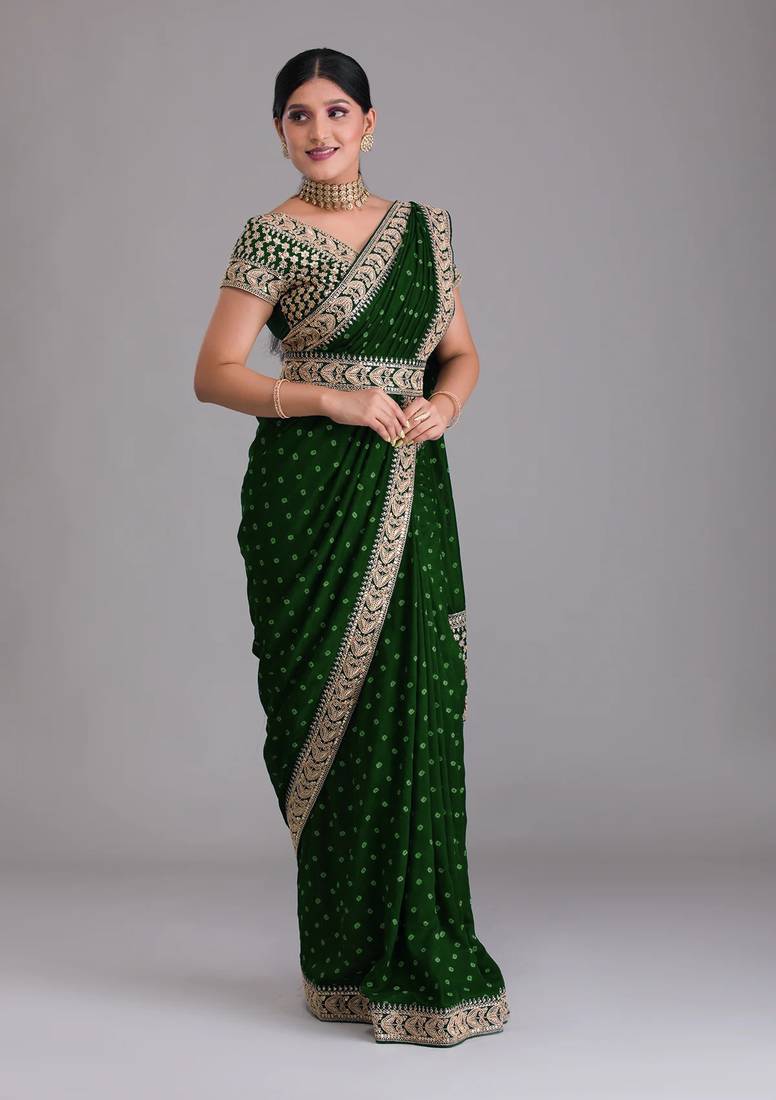  Green Heavy Pigment Chinon saree with heavy zari embroidery sequins work