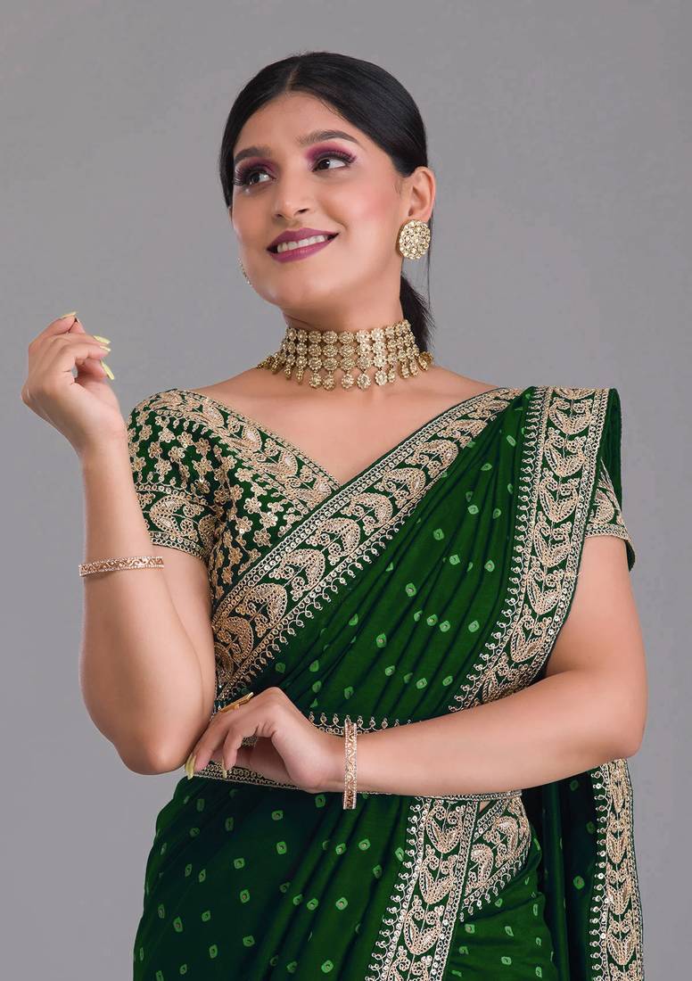  Green Heavy Pigment Chinon saree with heavy zari embroidery sequins work