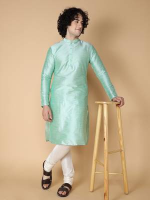 Namaskar SEA GREEN DUPION Full Sleeves  Knee Length Regular Fit kurta for men 1