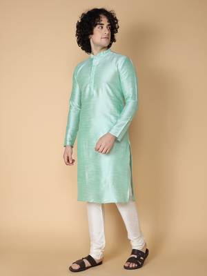 Namaskar SEA GREEN DUPION Full Sleeves  Knee Length Regular Fit kurta for men 2