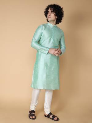 Namaskar SEA GREEN DUPION Full Sleeves  Knee Length Regular Fit kurta for men 3