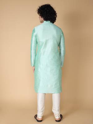 Namaskar SEA GREEN DUPION Full Sleeves  Knee Length Regular Fit kurta for men 4