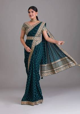  Petrol Heavy Pigment Chinon saree with heavy zari embroidery sequins work  2