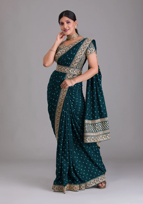  Petrol Heavy Pigment Chinon saree with heavy zari embroidery sequins work  3
