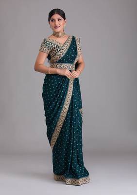  Petrol Heavy Pigment Chinon saree with heavy zari embroidery sequins work  4