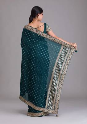  Petrol Heavy Pigment Chinon saree with heavy zari embroidery sequins work  5