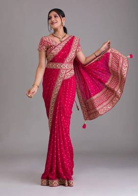 Rani Pink Heavy Pigment Designer Wedding Chinon saree with heavy zari embroidery sequins work 1