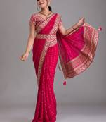 Rani Pink Heavy Pigment Designer Wedding Chinon saree with heavy zari embroidery sequins work