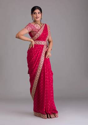 Rani Pink Heavy Pigment Designer Wedding Chinon saree with heavy zari embroidery sequins work 2