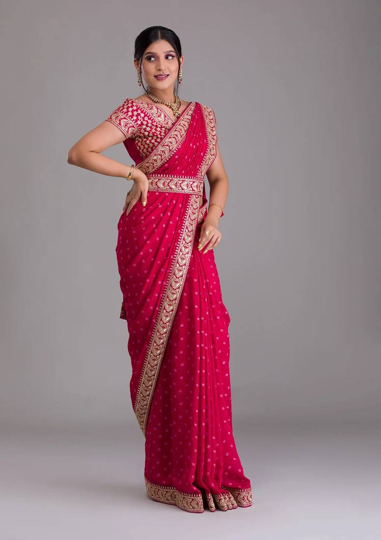 Rani Pink Heavy Pigment Designer Wedding Chinon saree with heavy zari embroidery sequins work