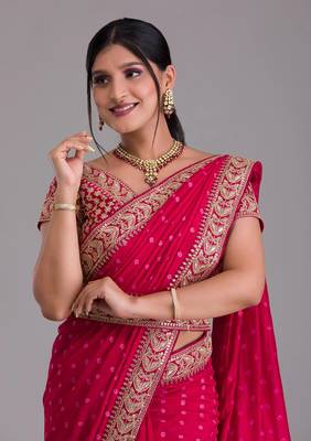 Rani Pink Heavy Pigment Designer Wedding Chinon saree with heavy zari embroidery sequins work 3