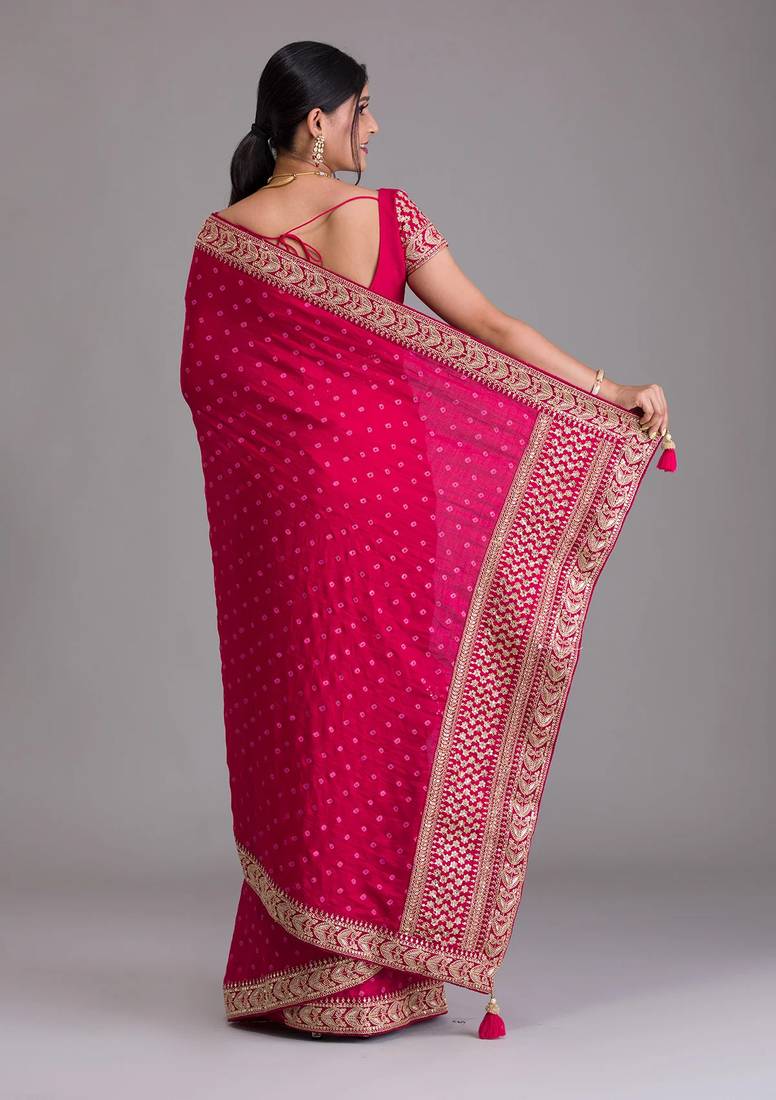 Rani Pink Heavy Pigment Designer Wedding Chinon saree with heavy zari embroidery sequins work
