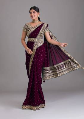 Wine Heavy Pigment Wedding Chinon saree with heavy zari embroidery sequins work lace  1