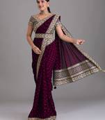 Wine Heavy Pigment Wedding Chinon saree with heavy zari embroidery sequins work lace 