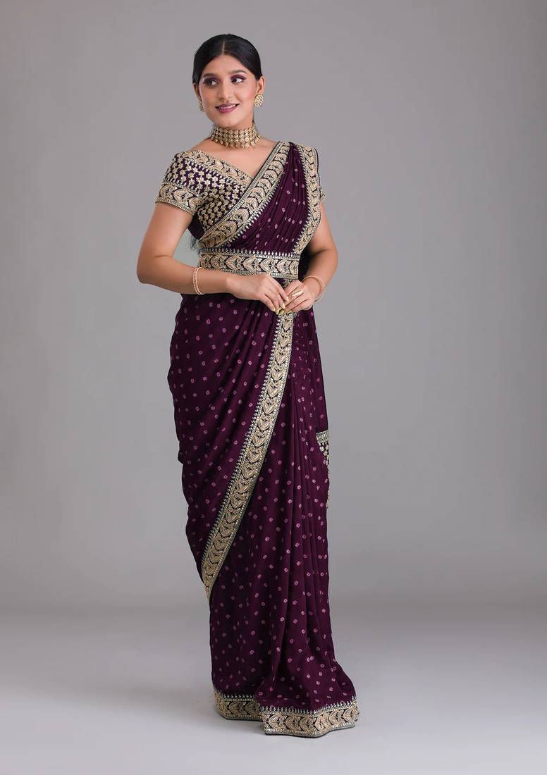 Wine Heavy Pigment Wedding Chinon saree with heavy zari embroidery sequins work lace 