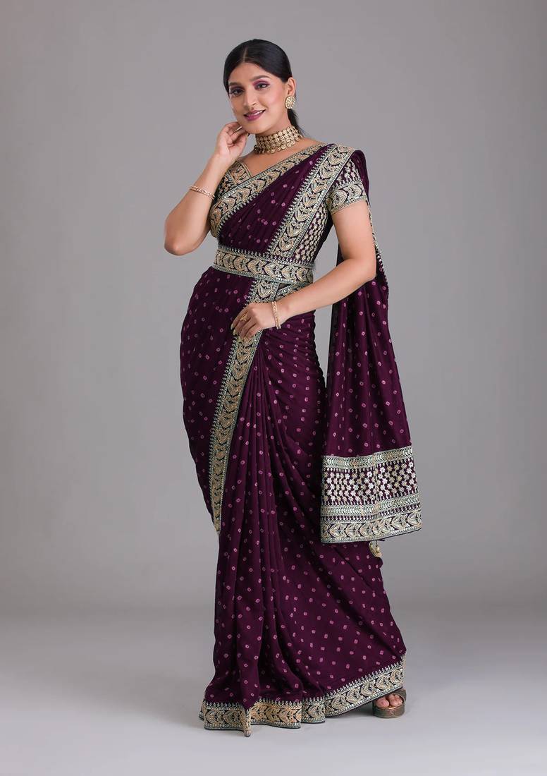 Wine Heavy Pigment Wedding Chinon saree with heavy zari embroidery sequins work lace 