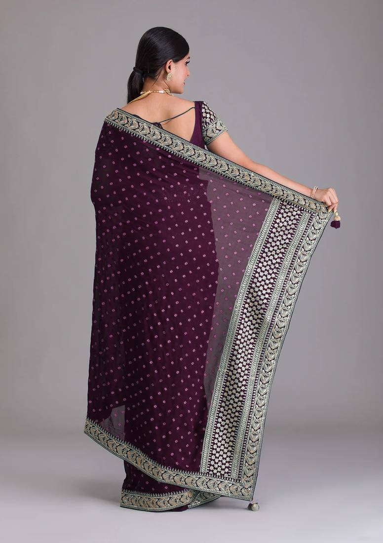 Wine Heavy Pigment Wedding Chinon saree with heavy zari embroidery sequins work lace 