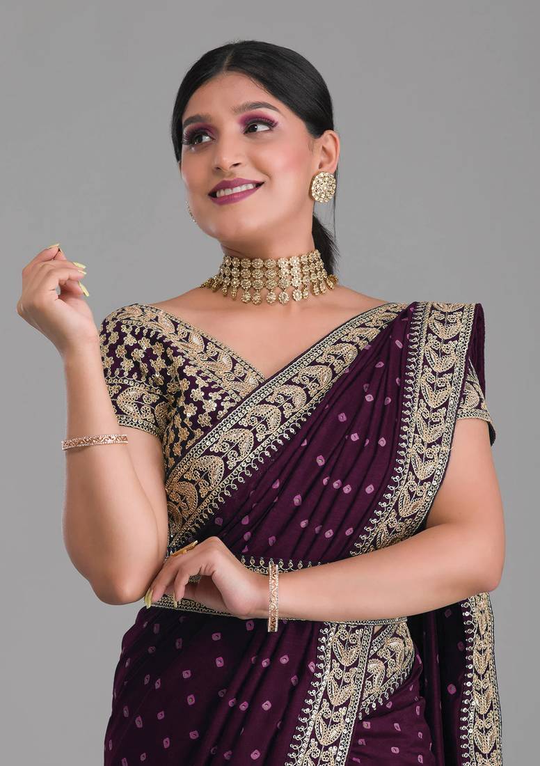 Wine Heavy Pigment Wedding Chinon saree with heavy zari embroidery sequins work lace 