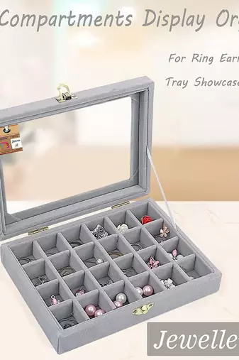 Atorakushon ring earring storage case 24 compartments ring velvet display case box locker box set organizer(grey)