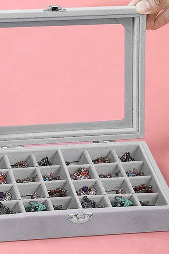 Atorakushon ring earring storage case 24 compartments ring velvet display case box locker box set organizer(grey)